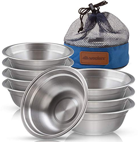 Wealers Stainless Steel Bowl Set - 6 inch Ultra-Portable Dinnerware Round BPA Free Bowls with Mesh Travel Bag for Outdoor Camping | Hiking | Picnic | BBQ | Beach (8 Pack)