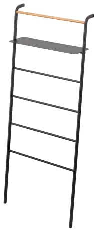 Yamazaki 3872 TOWER Kleiderleiter mit Regal, schwarz, Stahl/Holz, minimalistisch, 66 x 30~38 x 160 cm