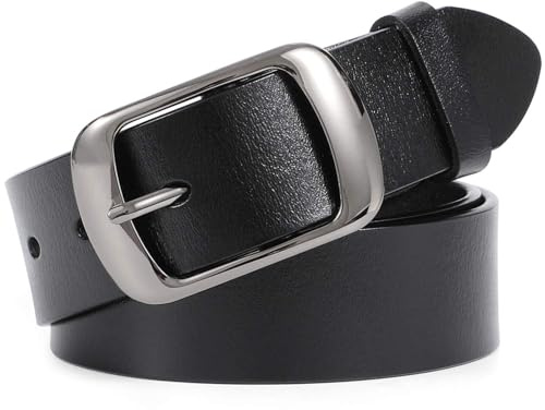 WHIPPY Women Leather Belts for Jeans Pants Fashion Dress Belt for Women with Solid Pin Buckle, Black, L