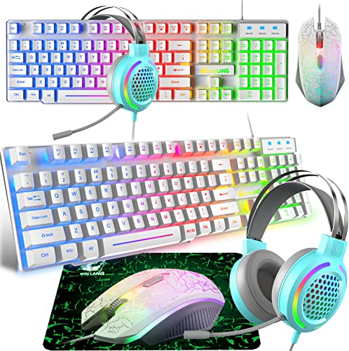 Ensemble Clavier Souris et Casque Gaming, Clavier Rétroéclairé Coloré LED Filaire, Casque à RGB 7.1 Canaux Son Stéréo, Souris 4 Boutons 2400DPI, Tapis de Souris, Compatible avec PC PS4 Xbox, Blanc