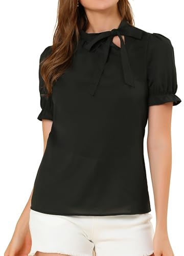 Allegra K Women's Bow Tie Neck Tops Elegant Office Short Sleeve Blouse
