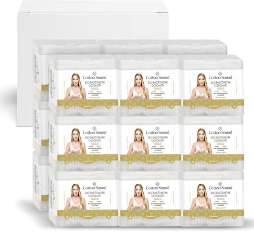 COTTON SOUND GOLD Bastoncini Cotonati 18 confezioni x 300 Pezzi, Scatola Apri e Chiudi, Bastoncini Cotonati in Carta Biodegradabile, 100% Puro Cotone Idrofilo, Ideali Pelli Sensibili, Made in Italy