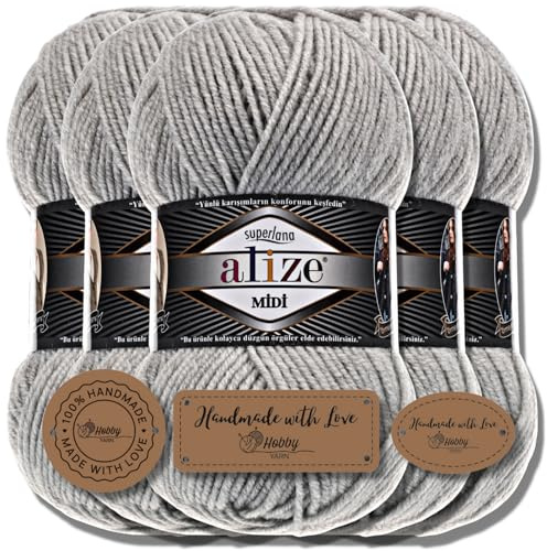 Hobby YARN 3x Etikettenlabel mit Alize Superlana Midi Wolle Premium 5x100g als Set, Yarn, Garn, Strickgarn, Einfarbig, Baby, zum Häkeln, Stricken, Kleidung, Schals (Light Grey Melange | 208)