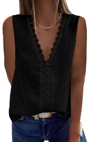 Bipily Camiseta para Mujer Blusa de Encaje con Cuello en V de Gasa Sin Mangas Elegante y Básica Color Sólido Chaleco Tops(Negro,L)