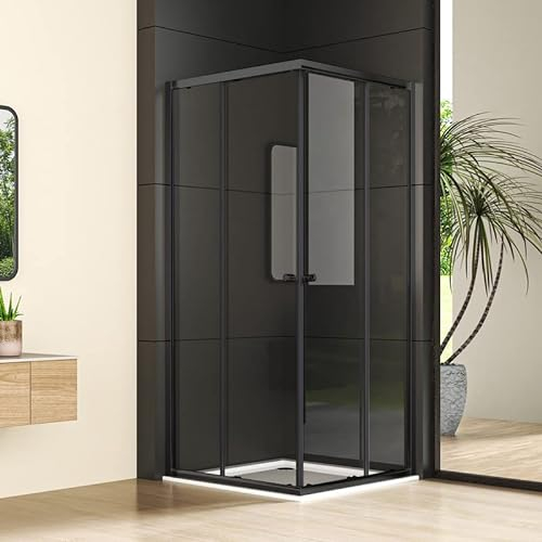 Eckeinstieg Duschkabine 75x90x185 cm Doppel Schiebetür Duschabtrennung 6mm ESG Glas Mattes Schwarz Duschwand Sicherheitsglas, Duschtür Höhe 185cm