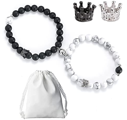 RHDUN Magnetiska armband för par, kung och drottning, krona hans och hennes matchande armband, långdistansförhållande gåvor, pojkvän och flickvän på årsdag, smycken för kvinnor och män, 7 inch, Sten