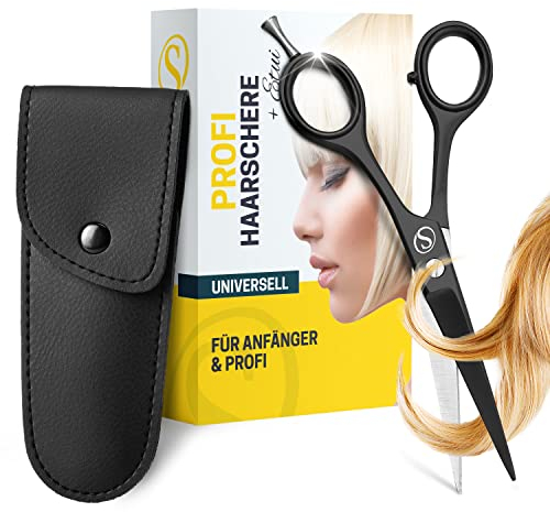 SCHMIEDWERK Haarschere | Friseurschere - scharfer & präziser Schnitt | Perfekter Haarschnitt für Damen & Herren | Profi Haarschneideschere mit Etui (Schwarz)
