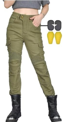 CBBI-WCCB Donna Moto Jeans Motociclette Pantaloni con Fodera Protettiva Motorcycle Pants (IT, Misura del girovita & Misura del Cavallo, 30, 31, Verde)