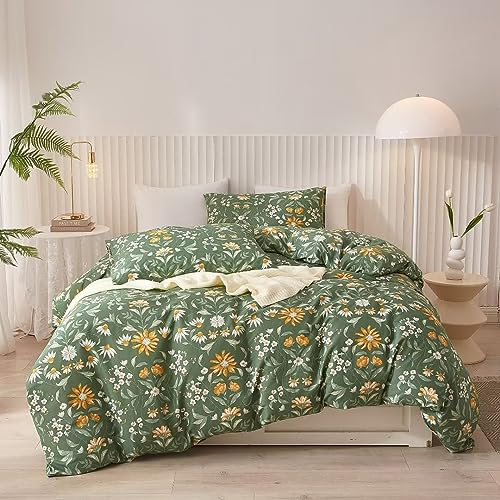 Ruccit Green Floral Duvet Cover Set Double 100% Cotton Duvet Cover Double Bed 3pcs Garden Yellow White Flowers Bedding Set with Zipper Closure Corner Ties-Soft,Durable,Easy Care