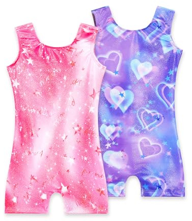 Nokecina Girls Gymnastics Leotards with Shorts Size 6-7 Years Old 2 Pack Sparkly Purple Pink Gym Unitards for Tumbling Class