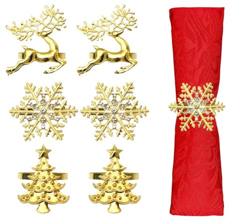 Gold Weihnachtshirsch Serviettenringe, 6 Stück Elch Schneefloke Weihnachtsbaum Serviettenhalter, Serviettenschnallen Halter für Weihnachten Jahrestag Abendessen Hochzeit Party Bankett Tischdekoration