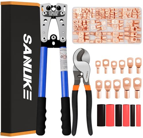 Sanuke Battery Cable Crimping Tool AWG 10-1/0, Wire Cutter,100 Copper Lugs