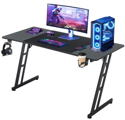 Gamer Tisch 120x60cm，Z-Frame Gaming Schreibtisch，Computertisch PC mit Getränkehalter,Kopfhörer Haken Kohlefaserbeschichtung，Stabiler PC Schreibtisch Ergonomischer für Home Office，Gaming Tisch