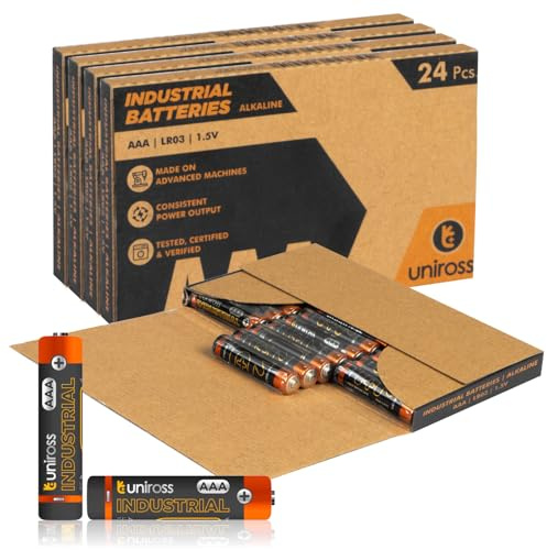 96 Pile Alcaline AAA / LR03 / Ministilo / 1,5V Uniross Industrial per Dispositivi Professionali Mouse Telecomandi Radio Torce e Giocattoli - 4 Box da 24 Batterie