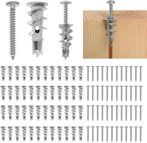 100 Pcs Heavy Duty Plasterboard Fixings, 50Pcs Metal Wall Plugs and 50Pcs Plasterboard Screws, Self Drill Drywall Fixings Set, Dry Wall Anchor for Plaster Boards Composite Boards Wooden Boards