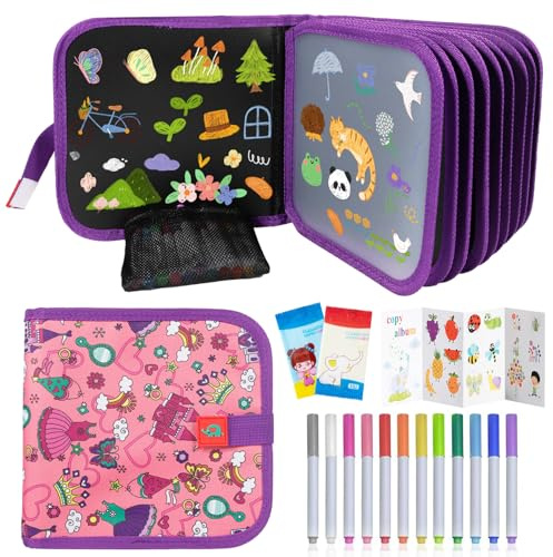 Bloc de dibujo portátil borrable,Pizarra de Escritura,Tabla de Dibujo Portátil para Niños,18 Páginas Tablero de Dibujo de Graffiti con 12 lápices de colores,Cumpleaños y Navidad Regalo para Niños