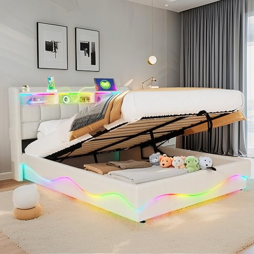 XMETPR Cama de Almacenamiento Todo en Uno 160x200 cm con Estación de Carga USB/Type-C, Luces LED, Estantería para Cabecera y Gran Almacenamiento bajo la Cama, Cuero, Blanco