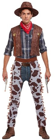 HENBRANDT Adult Men's Cowboy Fancy Dress Costume with Cowboy Hat and Chaps Stag Do Halloween Sheriff Western Dress Up Outfit One Size Mens Fancy Dress Costume