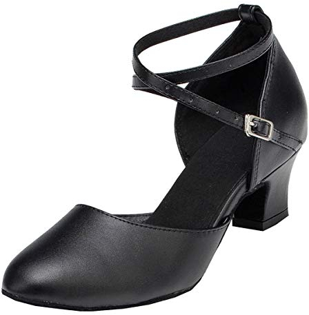 Minitoo Damen Kreuz Leder Gitarrengurt Latin Salsa Ballroom Dance Schuhe, Schwarz - Black-5cm Heel - Größe: 37 / 4.5 UK