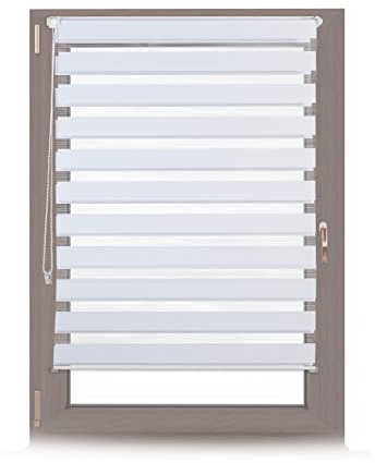 Relaxdays Doppelrollo Klemmfix ohne bohren, Seitenzugrollo mit Streifen, Duo-Rollo für Fenster, Stoff 106x156 cm, weiß