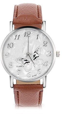 Sonew Frauen Quarz Uhr Weibliche analoge runde Armbanduhren PU-lederner Bügel Mode einfache Schmetterlings Entwurfs Armbanduhr(Coffee)