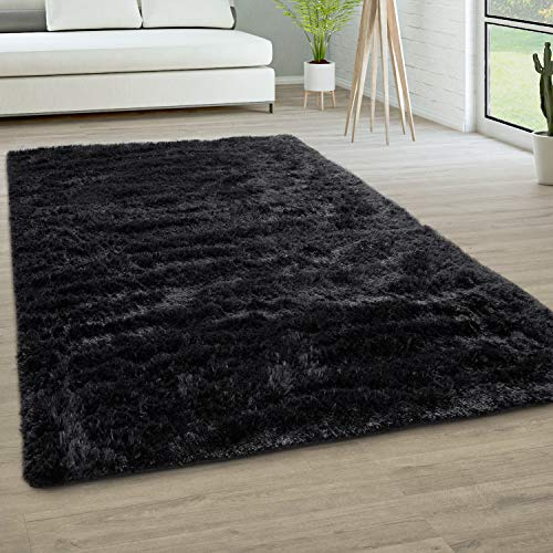 Paco Home Hochflor Teppich Wohnzimmer rutschfest Fellteppich Shaggy Flauschig Weich Modern Kunstfell Fell Imitat Einfarbig, Grösse:80x150 cm, Farbe:Schwarz