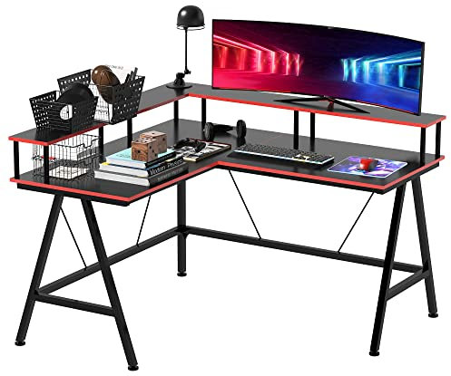 HOMCOM L Shaped Gaming Desk, Corner Computer Desk with Monitor Stand for Home Office, 140 x 130 x 93cm, Black and Red
