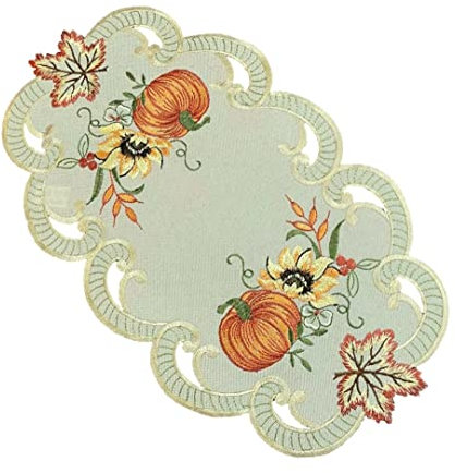 Tischläufer Tischdecke Mitteldecke Tischband Herbstdecke gestickt Kürbis Sonnenblume Herbstblätter Creme Polyester (22x37)