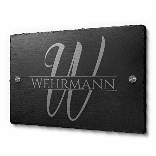 Türschild Schiefer mit Gravur – Schiefertafel graviert als Namensschild Haustür – Monogramm Schild Namen - Haustürschilder Hausschild Familie - Willkommensschild Familienschild personalisiert