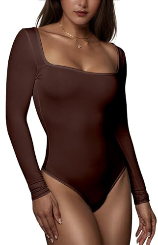 RoomTour Bodysuit toppar elegant långärmad body damer dambody för damer stringbody fyrkantig urringning, BRUN, S