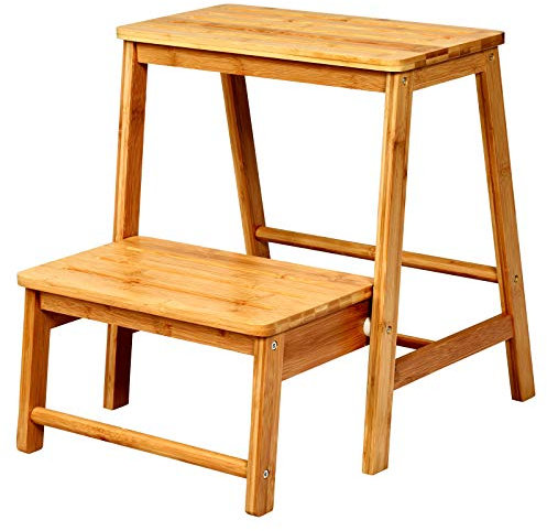GYMAX 2-Tier Foldable Step Stool, 100KG Weight Capacity Bamboo Footstool Plants Shelf, Portable Wooden Step Ladder for Kitchen, Balcony & Garage (Natural)