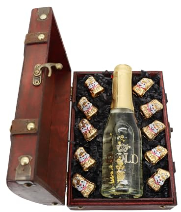 Bull & Bear Mini Schatztruhe Ostern, Truhe mit 0,2l Sekt mit echtem Blattgold 22 Karat und 10 hochwertigen Gold Osterhasen Schokolade, Geschenkset Ostern, Ostergeschenk