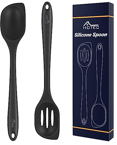 HOTEC Spatola da cucina in silicone resistente al calore, grandi cucchiai da cucina solidi e scanalati per mescolare, servire, raschiare, antiaderente, lavabile in lavastoviglie, nero, 31,8 cm