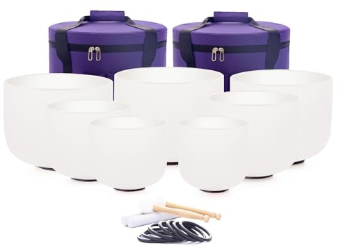 Hye-eun Juego de cuencos cantores de cristal, 432 Hz, 18-30 cm, con bolsa de transporte, 7 piezas, chakra de cuarzo esmerilado, cuenco cantor (17,8 – 30,5 cm)