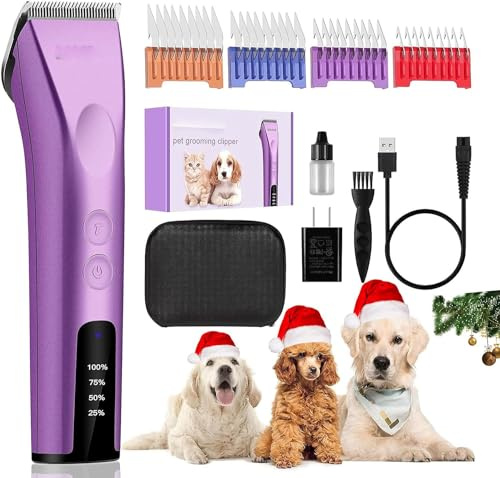 Professional Animal Pet Dog Cat and Horse Cordless Hair Clipper Grooming Kit with 5 in 1 Blade Low Noise & High Power Rechargeable Cordless Pet Grooming Clipper for for Thick Heavy Coats -Purple