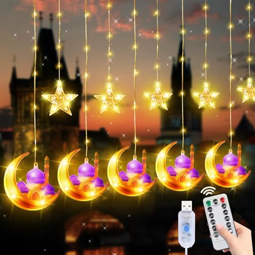 Ramadan Lichterkette,120 LED Ramadan Licht Stern 3m Ramadan Eid Dekoration Muslim led beleuchtung Fenster Lichtervorhang mit Sterne Mond und Schloss Ramadan Deko Licht für Außen Innen USB 8 Modi