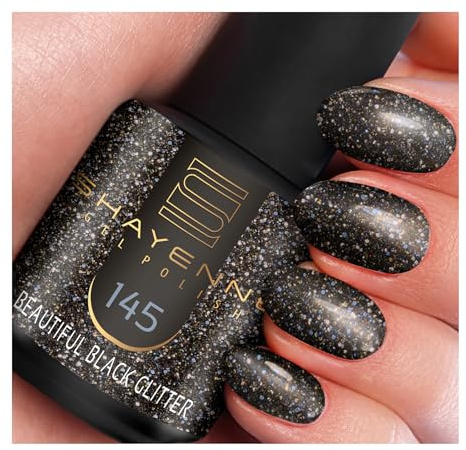 145 Beautiful Black Glitter Schwarz – SHAYENNE UV Gel Nagellack 15 ml – Für UV/LED Lampe – Hochglanz, Langanhaltend – Made in Germany