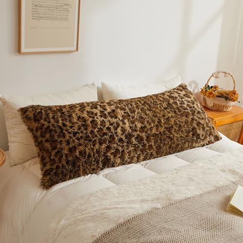 XeGe Langer, flauschiger Kissenbezug für Nackenrolle, Leopardenmuster, Kunstfell-Körperkissenbezug mit Reißverschluss, flauschig, Standard-Geparden-Nackenrolle, für Schwangere, Seitenschläfer, 1,4 m,