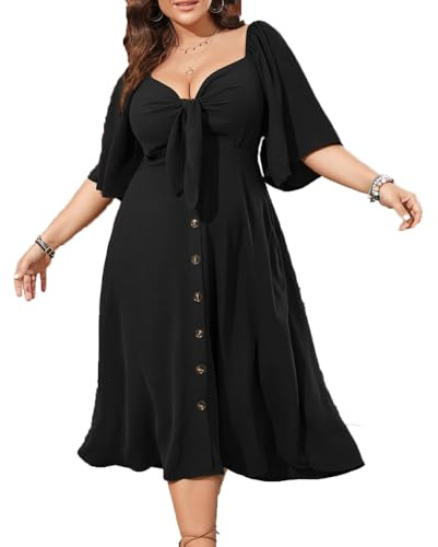 BSLVWG Abito estivo da donna Plus Size 2024 Casual manica corta estiva profonda vacanza scollo a V elegante papillon sciolto abito t-shirt, Nero , 4XL Plus