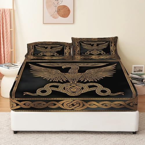 Mikrofaser Spannbettlaken 160 x 200 cm, Symmetrische Wikingerrunen Atmungsaktive Bettwäsche-Set Mit 2 Kissenbezügen, Schwarz Und Dunkelbraun Druck Spannbetttuch für bis 30 cm Matraze