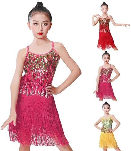 Wesaloes Vestito Latine Americano Bambina Ragazza Paillettes Nappe Latine Danza Vestito Senza Maniche Frange Flapper Abito tutù Gonna da Ballo Performance Costume 3-13 Anni (RD2, 3-4 Anni)