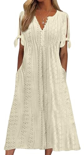 Joligiao Vestidos Verano Mujer Manga Corta Cuello V Mini Vestido Mujer Casual Vestidos de Playa con Botón Mujer Vestido Largo Elegante Sólida Vestido Verano con Bolsillos(Beige,S)