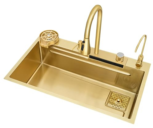Lavello a cascata Golden Flying Fish in acciaio inox, lavello singolo grande, processo di nano placcatura, 3 modalità di erogazione dell'acqua, più facile da usare con la lavatrice per bicchieri
