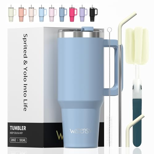WATERSY Travel Mug Coffee Cup 20oz Tumbler Straw Lid and Handle, Stainless Steel Double Wall Vacuum Insulated Coffee Water Bottle Thermal for Cold Hot Coffee 591ml Smog Blue