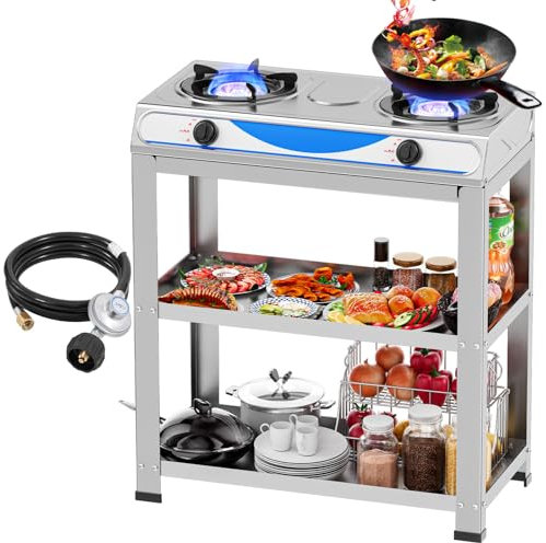 Cocina de gas independiente de 2 fuegos, carro de barbacoa con tapa independiente, cocina de gas para camping