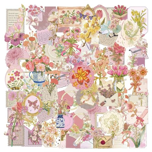 50 adesivi floreali, in pellicola dorata trasparente, per scrapbook e fiori, vintage, per diari, album fotografici, calendari, biglietti fai da te, quaderni, artigianato