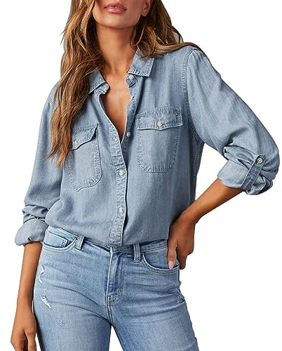 Jeansblus för dam - damskjorta med lång ärm basic trasig krage trendig lös blus elegant lätt topp med fickor flytande blus komfort lätt topp, Bu1, L