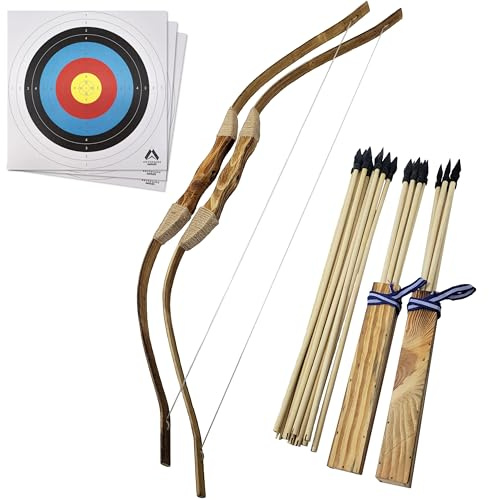 Adventure Awaits | 2-Pack Handmade Wooden Bow and Arrow Set | 20 Wood Arrows and 2 Quivers | for Outdoor Training and Practice