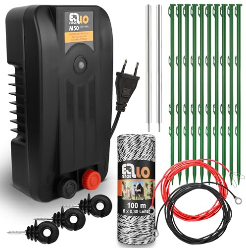 Ellofence Kit de démarrage clôture électrique M - Électrificateur puissant avec 100 m de fil, 10 piquets, isolateurs à anneau & mise à la terre - Kit complet pour chiens, chats & petits animaux