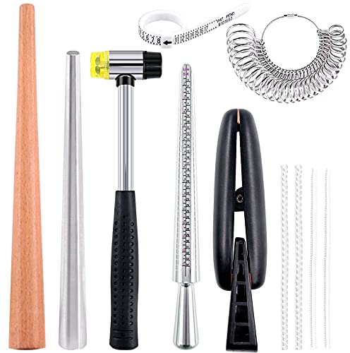 Keadic 9-teiliges Schmuck-Ringgrößen-Werkzeug-Mess-Set mit Ringklemme, Gummihammer, Fingerringdorn, Messstab, Kreismodelle und mehr, Ringbegrenzer-Dorn-Set für Schmuckherstellung, Handwerk